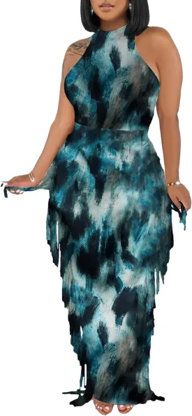 2 Piece Outfits for Women Sexy Crop Top Ruched Bodycon Maxi Dresses Fringe Skirt Sets Night Club Jumpsuits