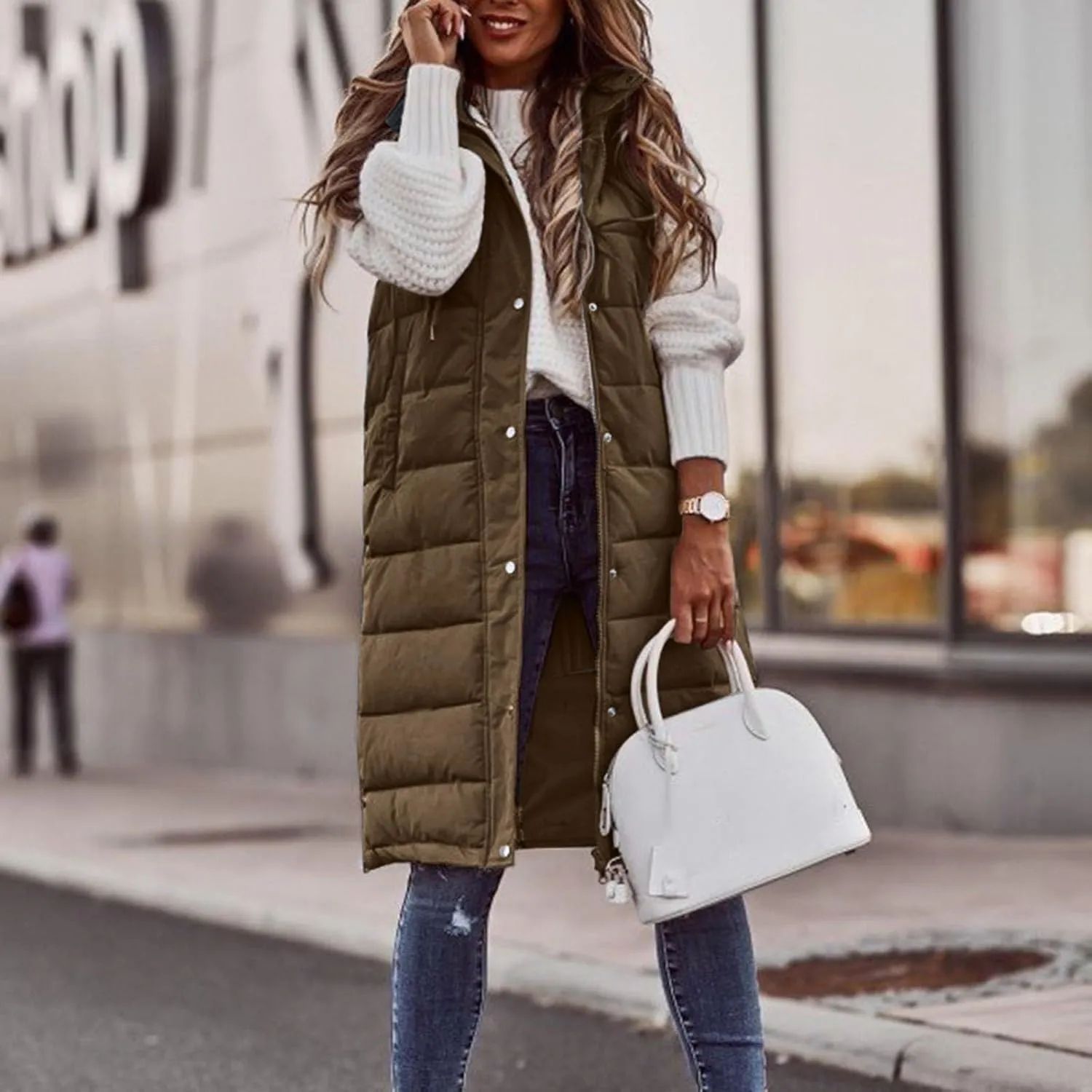 2023 Womens Long Down Vest with Hood Fashion Thickened Hooded Sleeveless Puffer Jackets Long Coats Warm Winter Outerwear