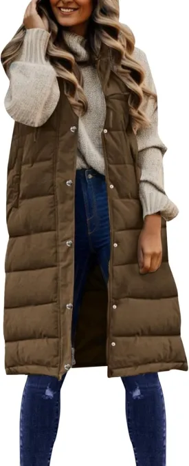 2023 Womens Long Down Vest with Hood Fashion Thickened Hooded Sleeveless Puffer Jackets Long Coats Warm Winter Outerwear