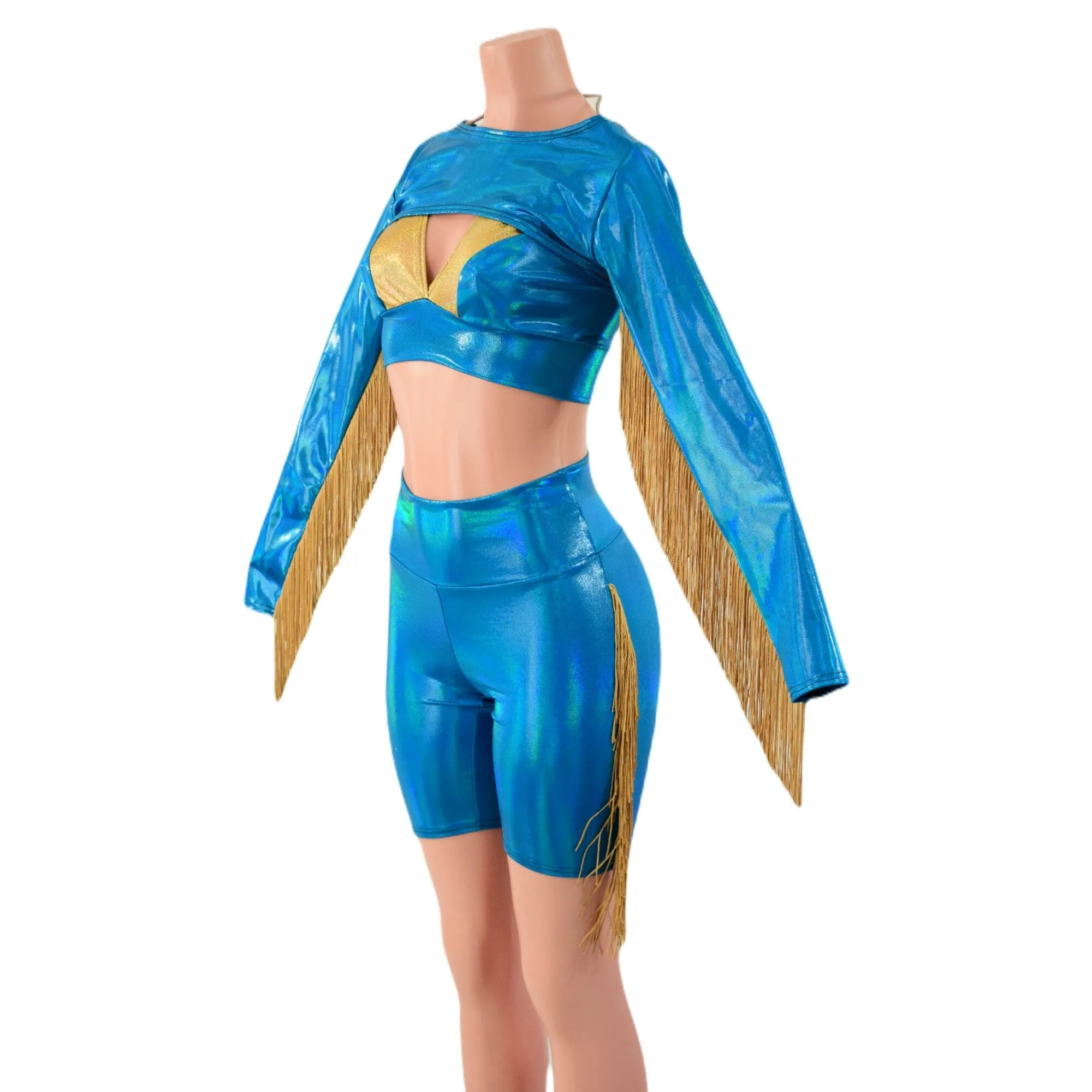 3PC Peacock High Waist Bike Shorts with Fringe, Starlette Bralette and Fringed Bolero
