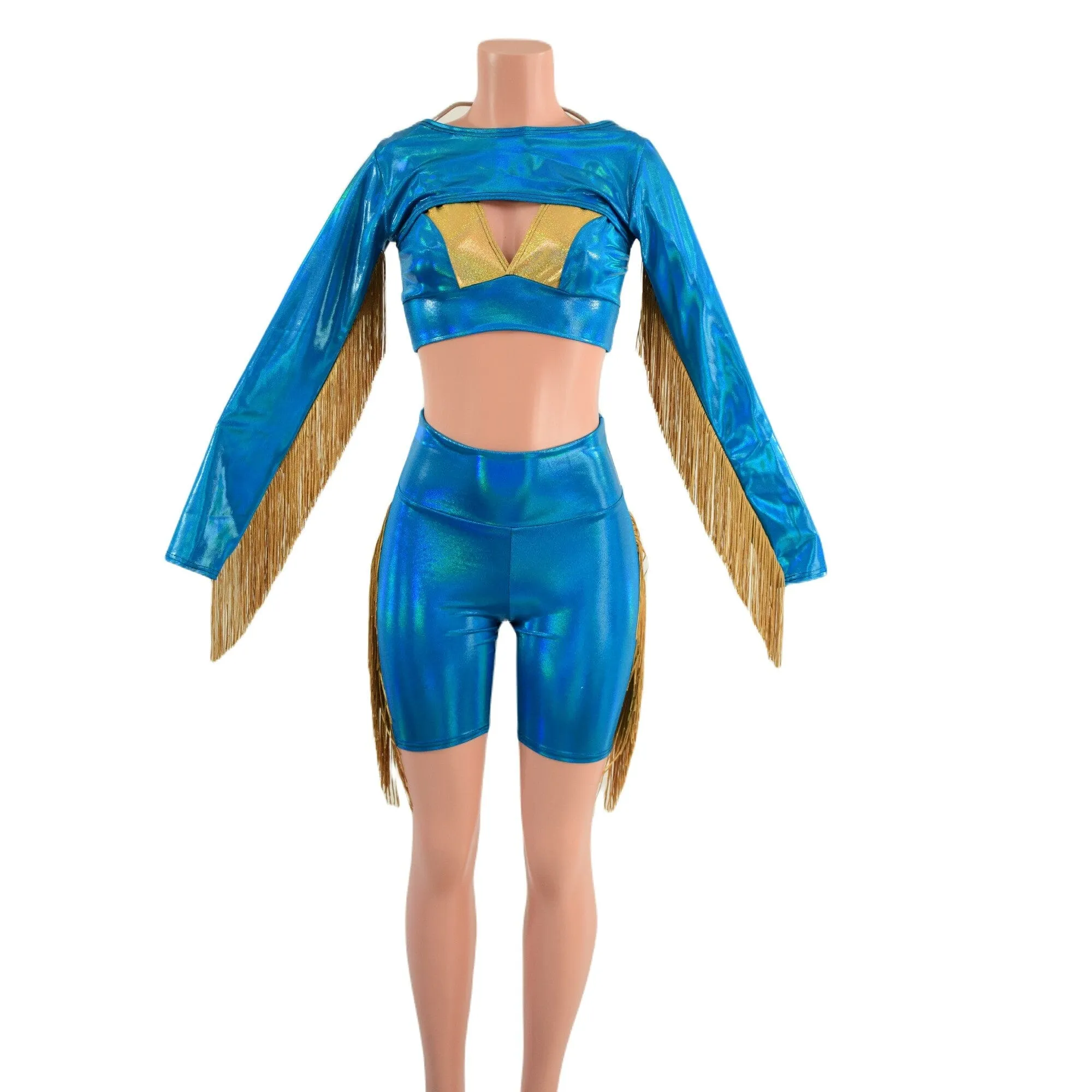 3PC Peacock High Waist Bike Shorts with Fringe, Starlette Bralette and Fringed Bolero