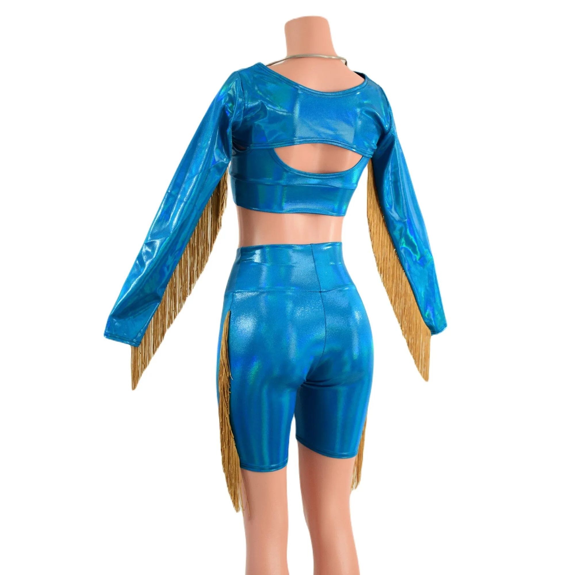 3PC Peacock High Waist Bike Shorts with Fringe, Starlette Bralette and Fringed Bolero