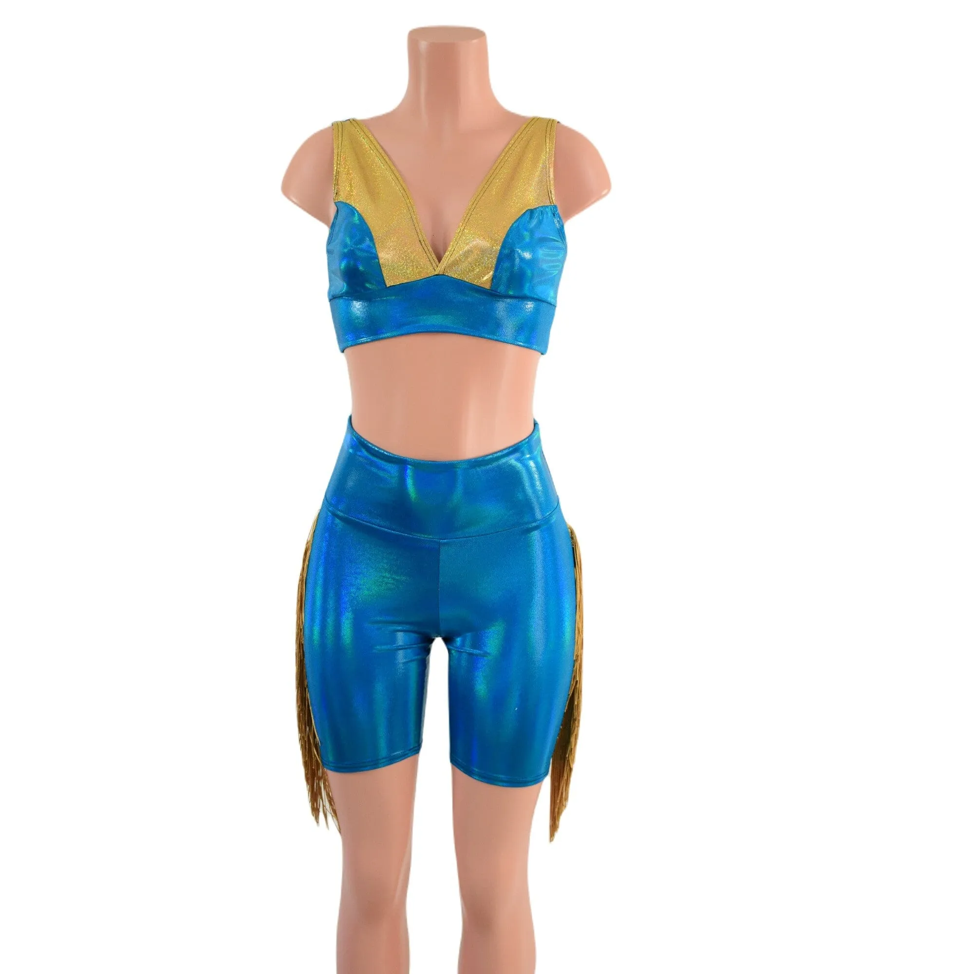 3PC Peacock High Waist Bike Shorts with Fringe, Starlette Bralette and Fringed Bolero