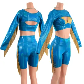 3PC Peacock High Waist Bike Shorts with Fringe, Starlette Bralette and Fringed Bolero