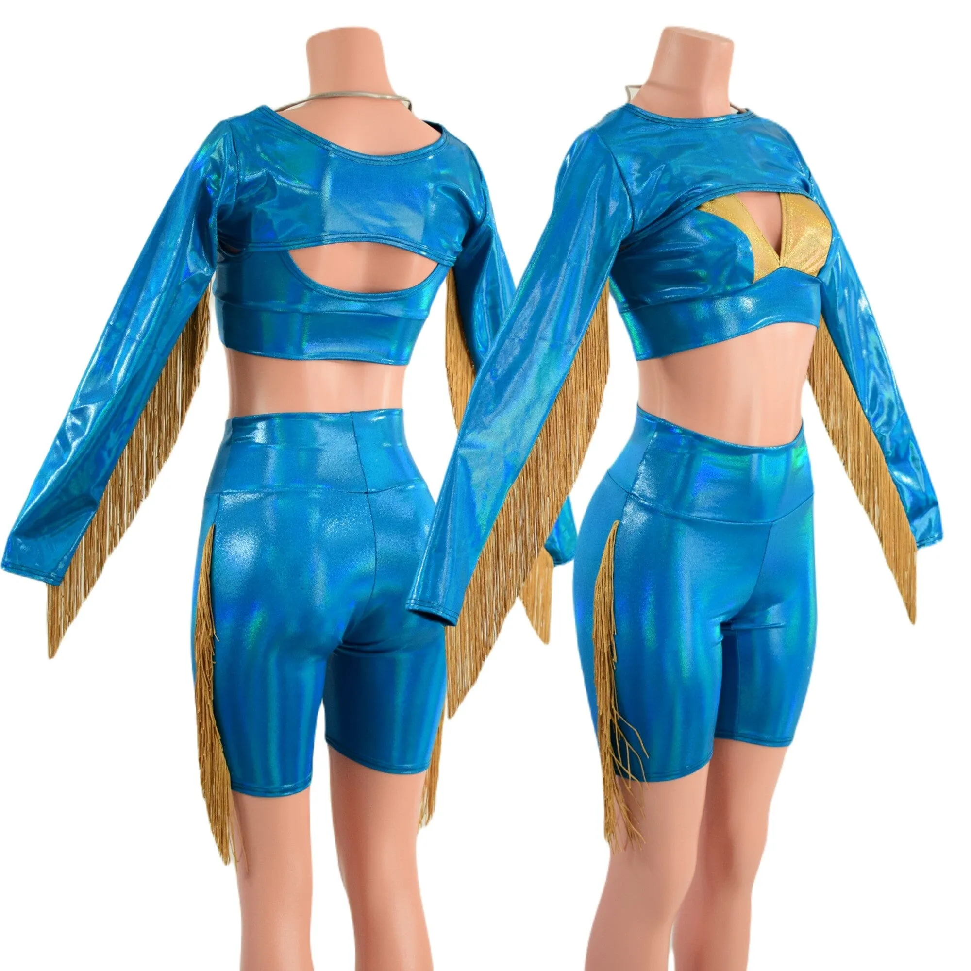3PC Peacock High Waist Bike Shorts with Fringe, Starlette Bralette and Fringed Bolero