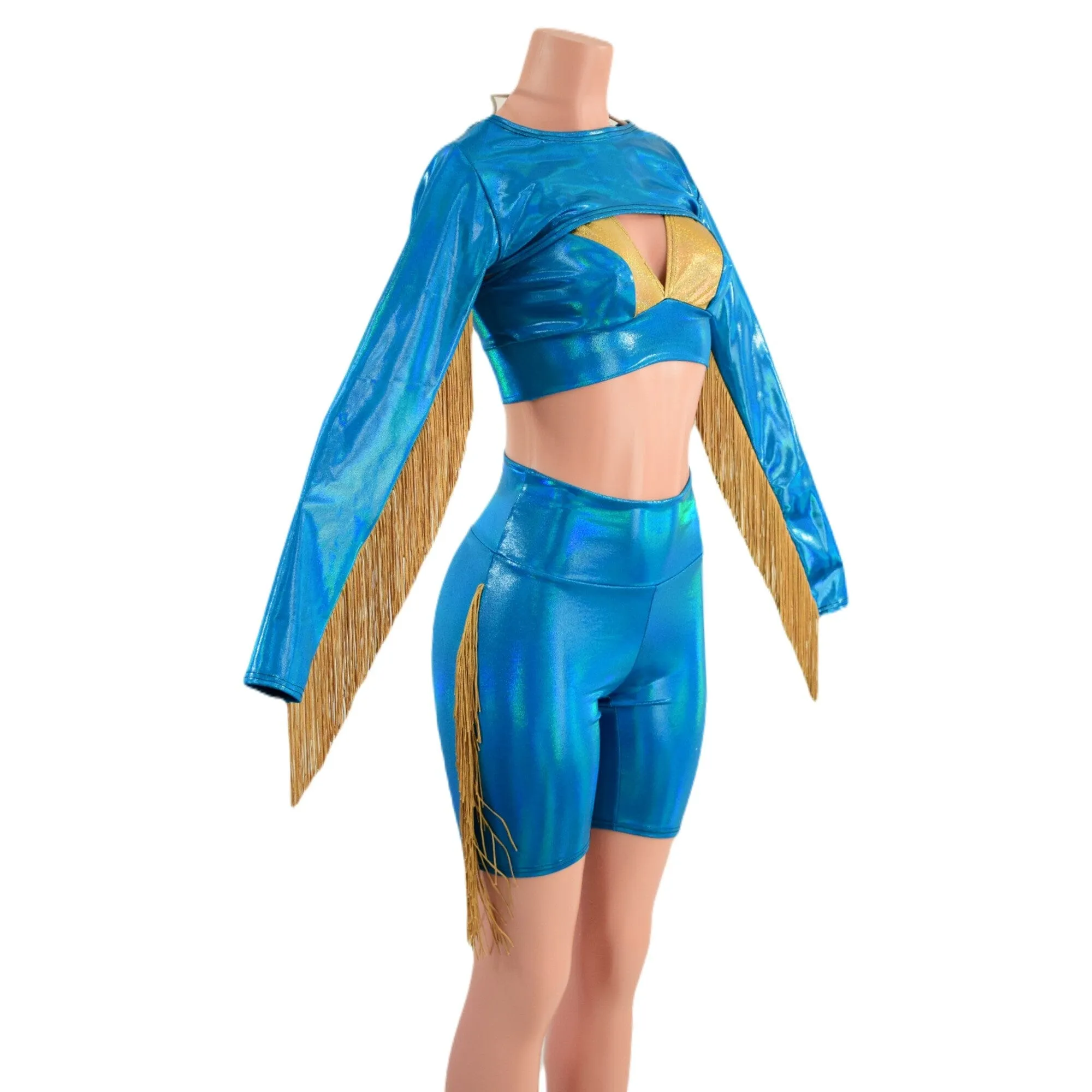 3PC Peacock High Waist Bike Shorts with Fringe, Starlette Bralette and Fringed Bolero