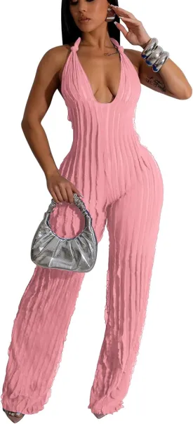 Adogirl Summer Sexy Halter Jumpsuits for Women V Neck Tie Knot Pleated Boho One Piece Wide Leg Long Pants Jumpsuit Romper