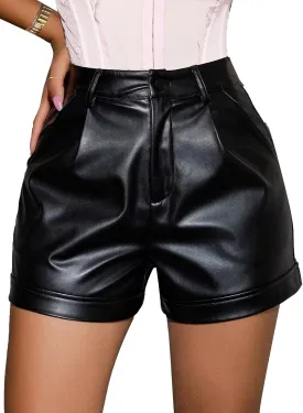 Avanova Women Faux Leather High Waisted Shorts Pleated Casual Summer Shorts