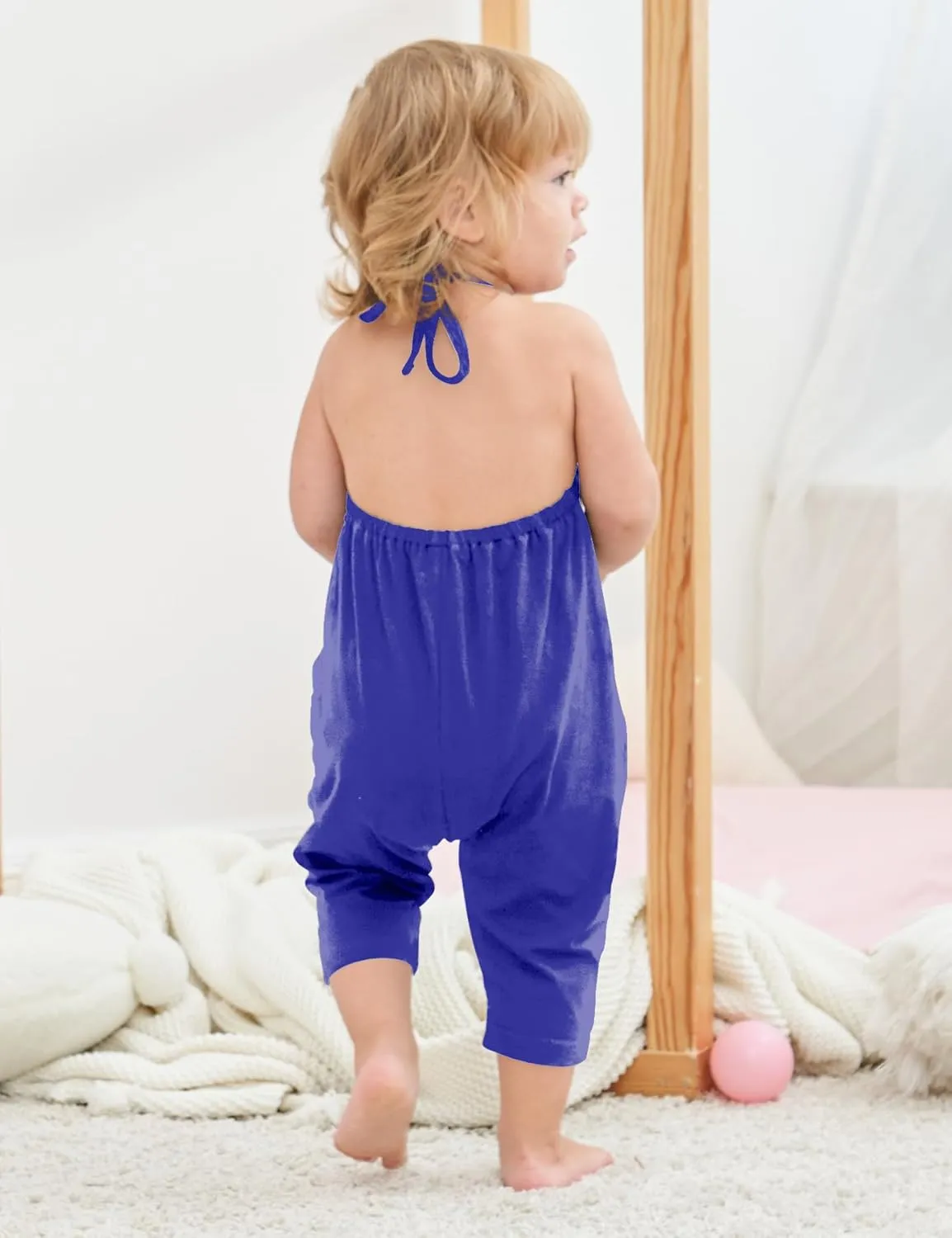 Backless Strap Slouch Jumpsuit for Toddler Girls Cute Harem Halter Romper Pants with Pockets