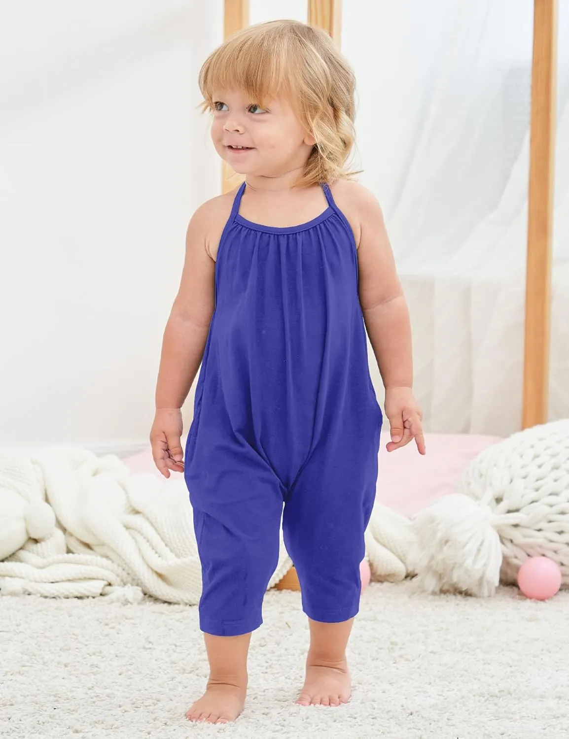 Backless Strap Slouch Jumpsuit for Toddler Girls Cute Harem Halter Romper Pants with Pockets