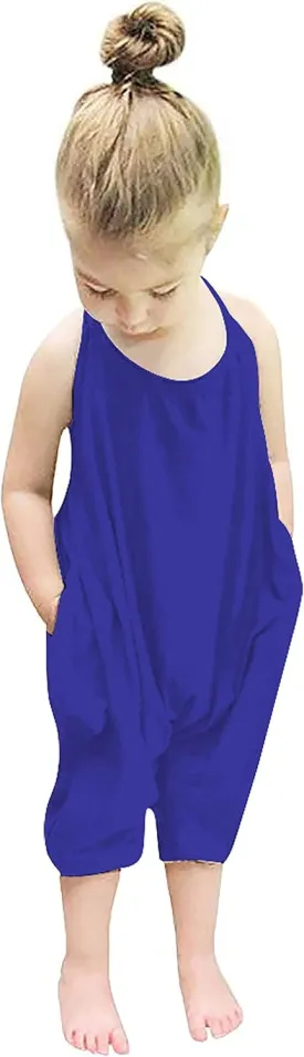 Backless Strap Slouch Jumpsuit for Toddler Girls Cute Harem Halter Romper Pants with Pockets