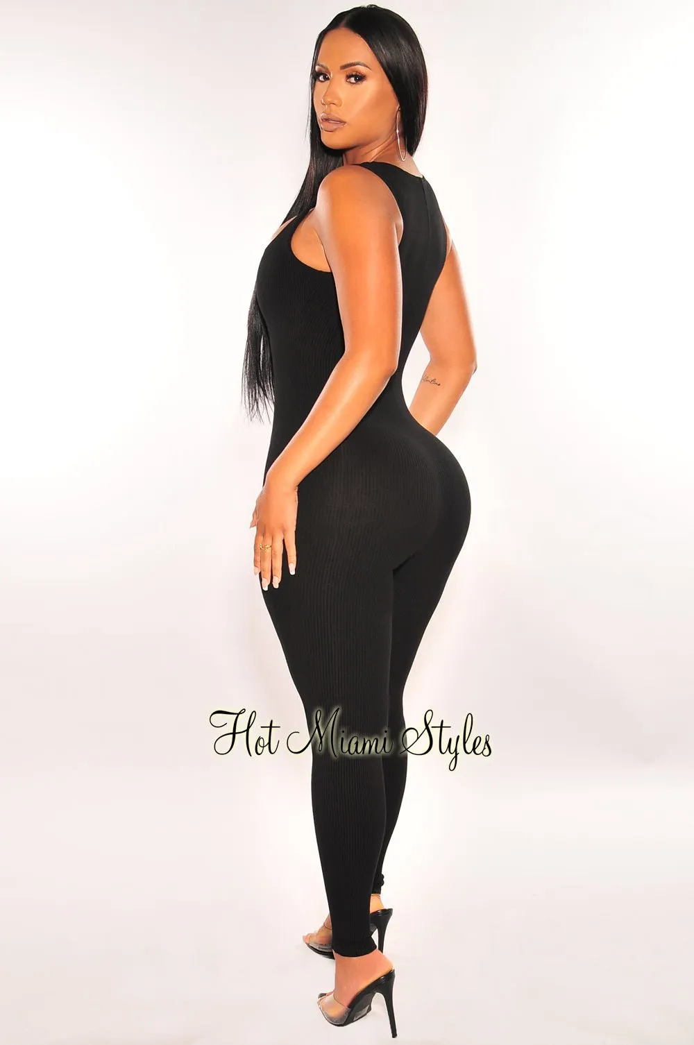Black Ribbed Sleeveless Square Neck Jumpsuit