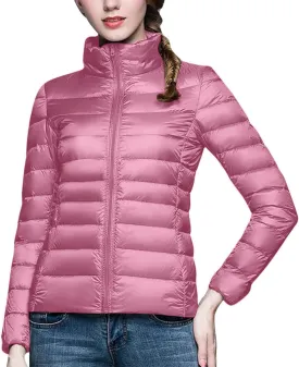 BOXIACEY Winter Coats for Women Solid Packable Puffer Down Jackets Warm Parkas Stand Collar Long Sleeve Outwear with Pockets