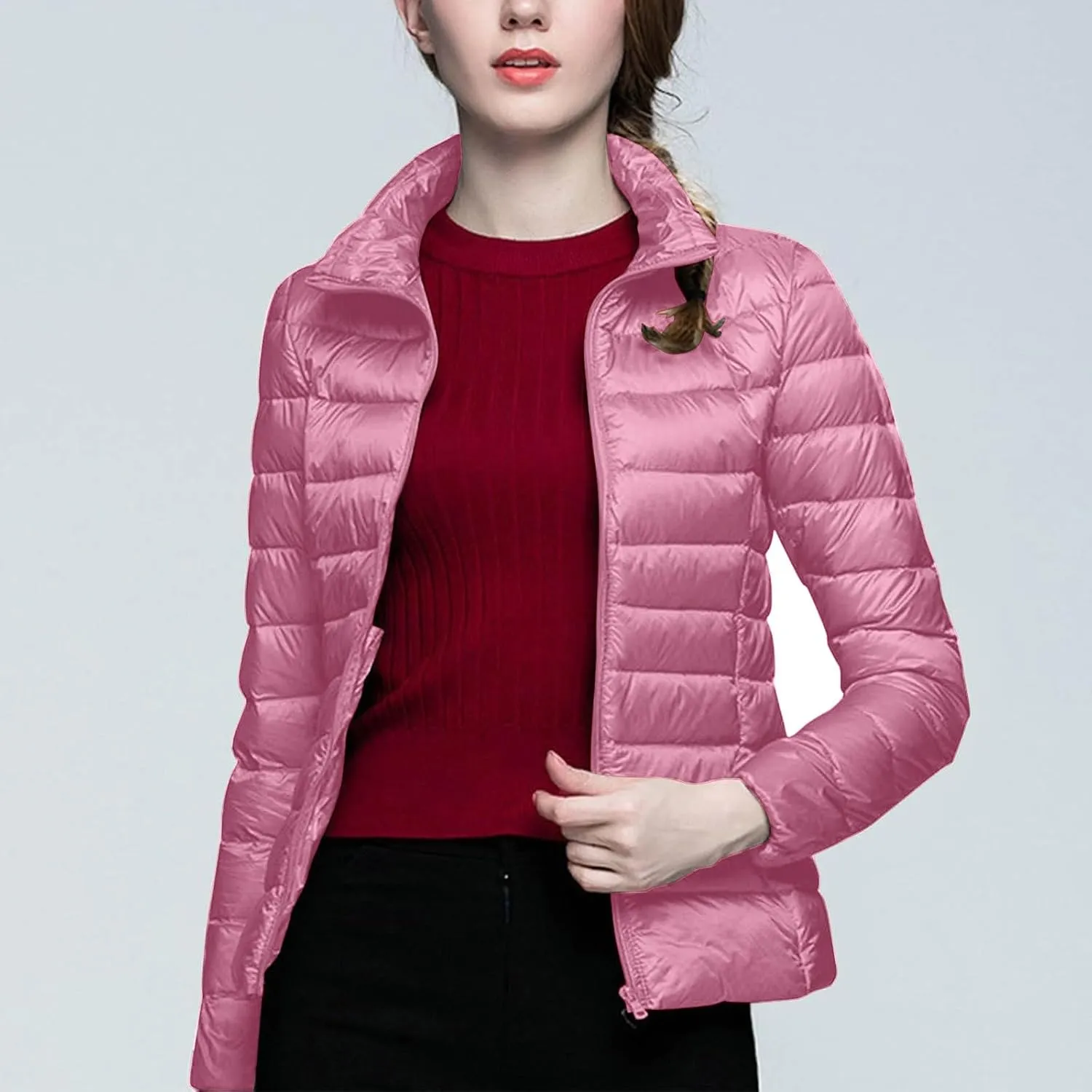 BOXIACEY Winter Coats for Women Solid Packable Puffer Down Jackets Warm Parkas Stand Collar Long Sleeve Outwear with Pockets