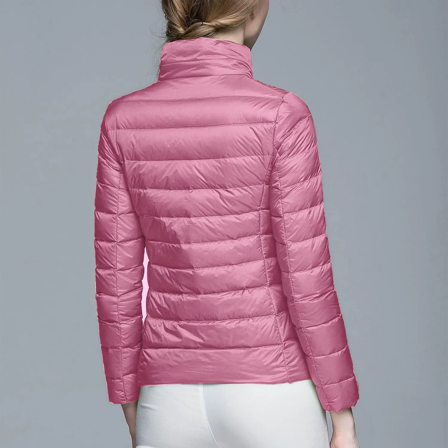 BOXIACEY Winter Coats for Women Solid Packable Puffer Down Jackets Warm Parkas Stand Collar Long Sleeve Outwear with Pockets