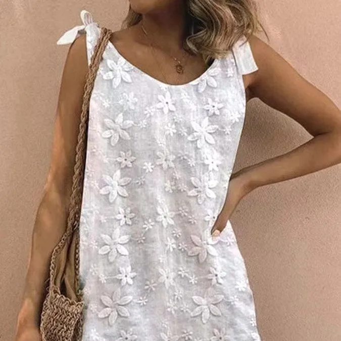 Casual Cotton Embroidered Floral Lace-Up Jumpsuit Wholesale Dresses