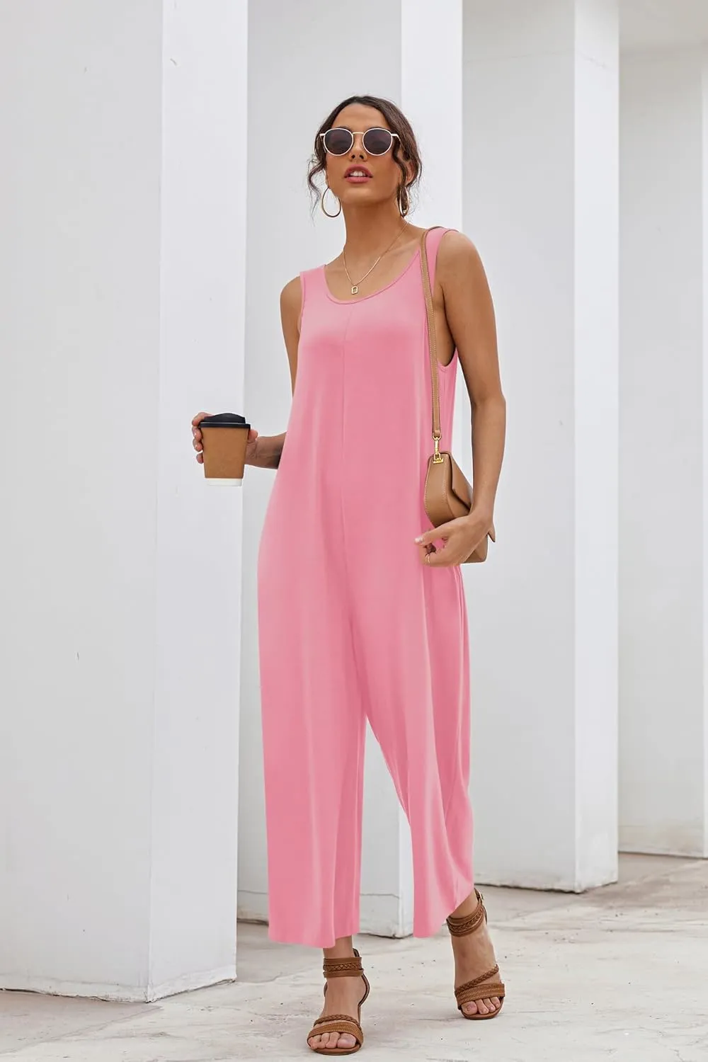 Ekouaer Sleeveless Jumpsuits for Women Casual Summer Scoop Neck Tank Rompers Wide Leg Pants Overall Jumpers with Pockets