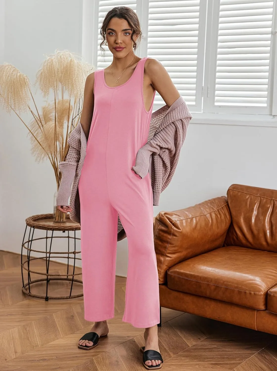 Ekouaer Sleeveless Jumpsuits for Women Casual Summer Scoop Neck Tank Rompers Wide Leg Pants Overall Jumpers with Pockets