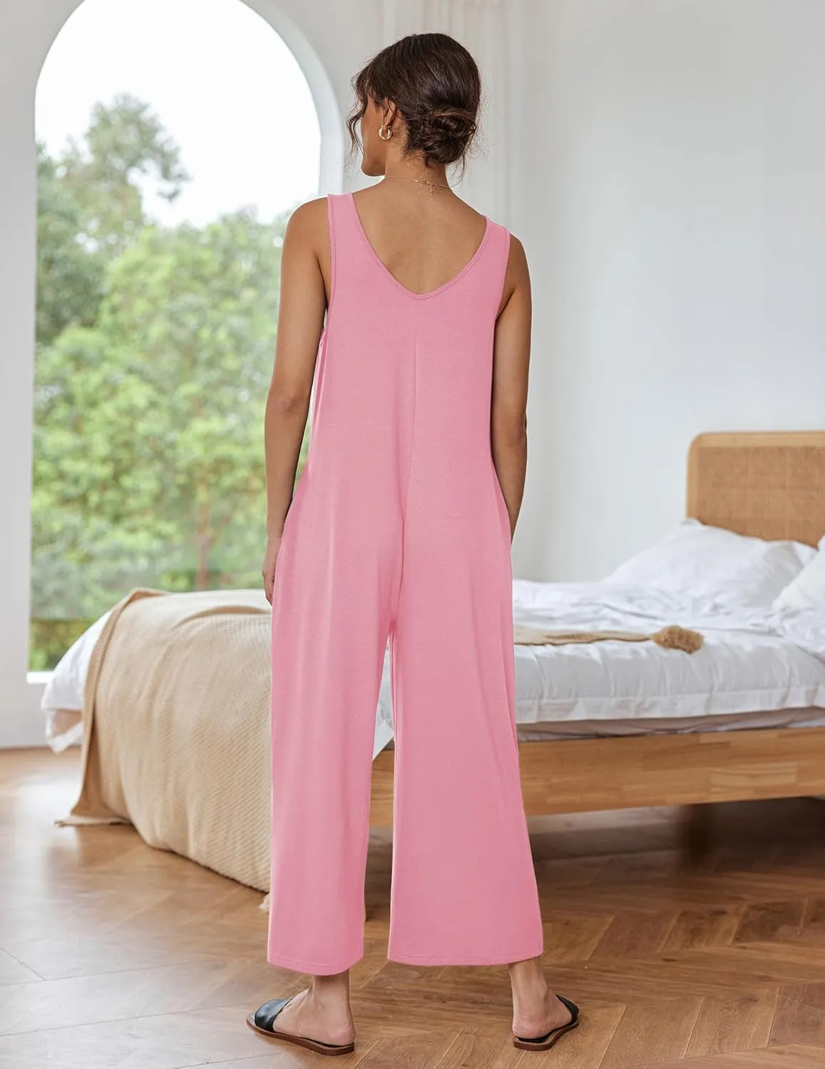 Ekouaer Sleeveless Jumpsuits for Women Casual Summer Scoop Neck Tank Rompers Wide Leg Pants Overall Jumpers with Pockets