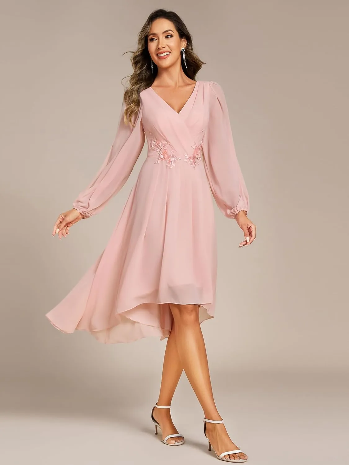 Ever-Pretty Womens Chiffon Lantern Long Sleeves Pleated Appliqued Empire Waist Midi Length Semi Formal Dresses 02926