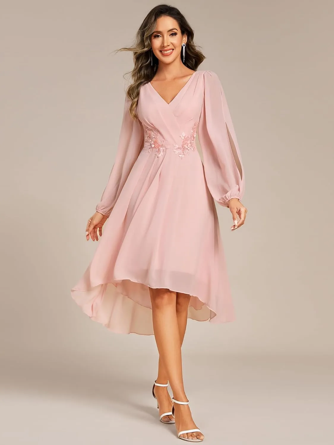 Ever-Pretty Womens Chiffon Lantern Long Sleeves Pleated Appliqued Empire Waist Midi Length Semi Formal Dresses 02926