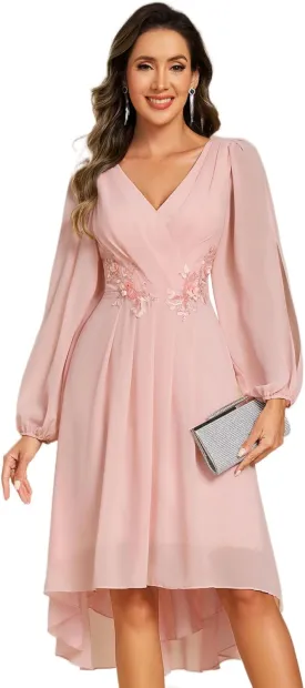 Ever-Pretty Womens Chiffon Lantern Long Sleeves Pleated Appliqued Empire Waist Midi Length Semi Formal Dresses 02926