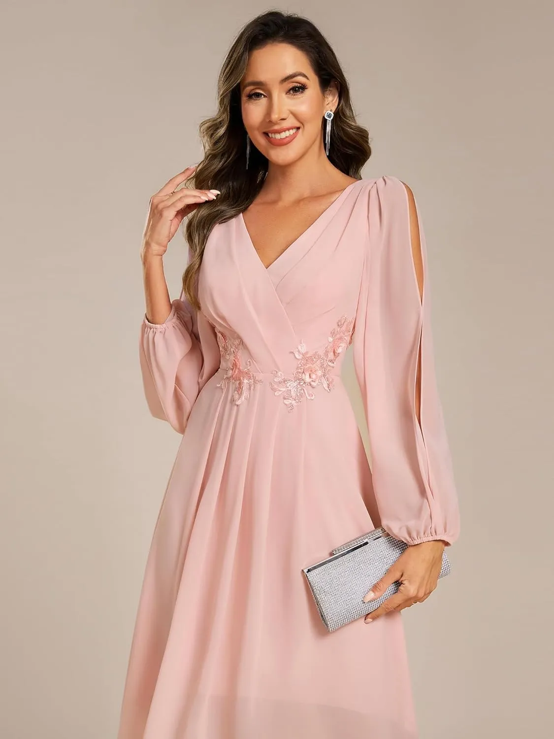Ever-Pretty Womens Chiffon Lantern Long Sleeves Pleated Appliqued Empire Waist Midi Length Semi Formal Dresses 02926
