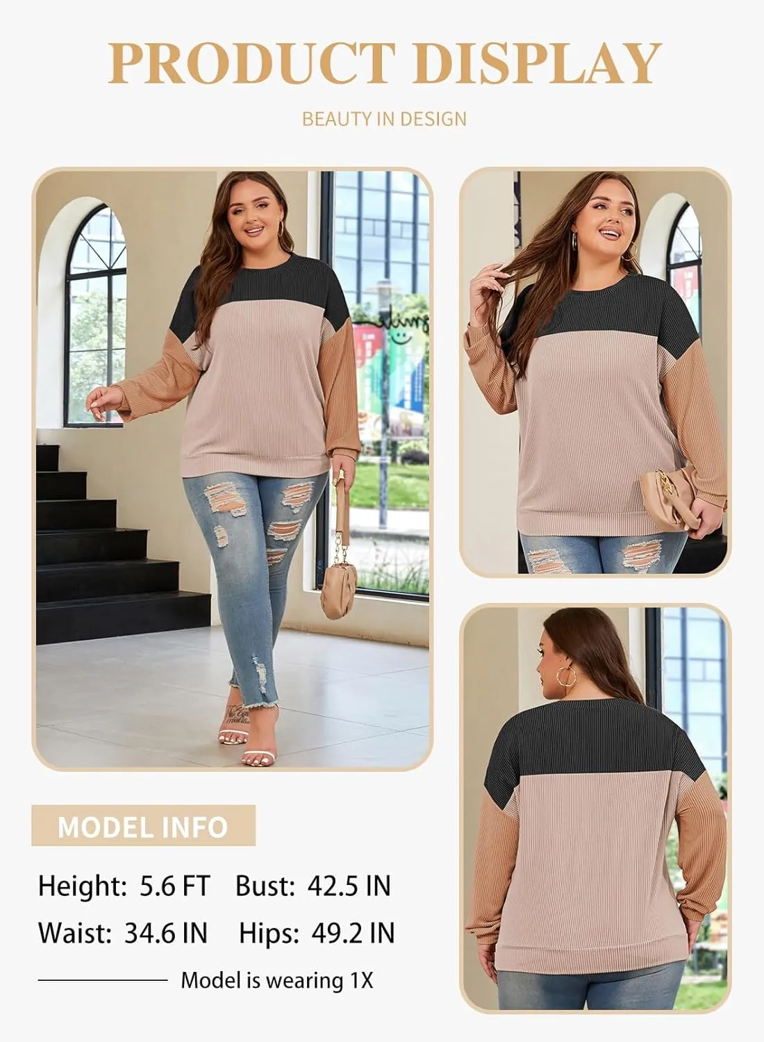 Eytino Plus Size Sweatshirt for Women Striped Colorblock Long Sleeve Crewneck Casual Loose Pullover Shirt Top(1X-5X)