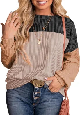 Eytino Plus Size Sweatshirt for Women Striped Colorblock Long Sleeve Crewneck Casual Loose Pullover Shirt Top(1X-5X)