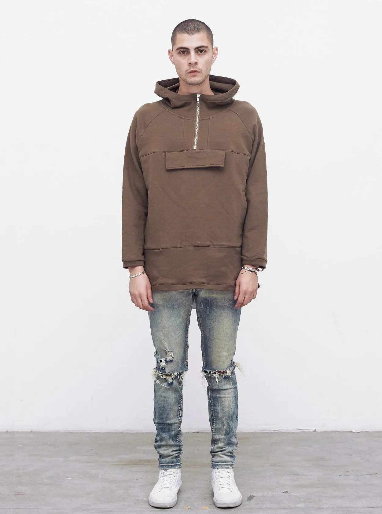 French Terry Anorak Pullover in Shadow Brown
