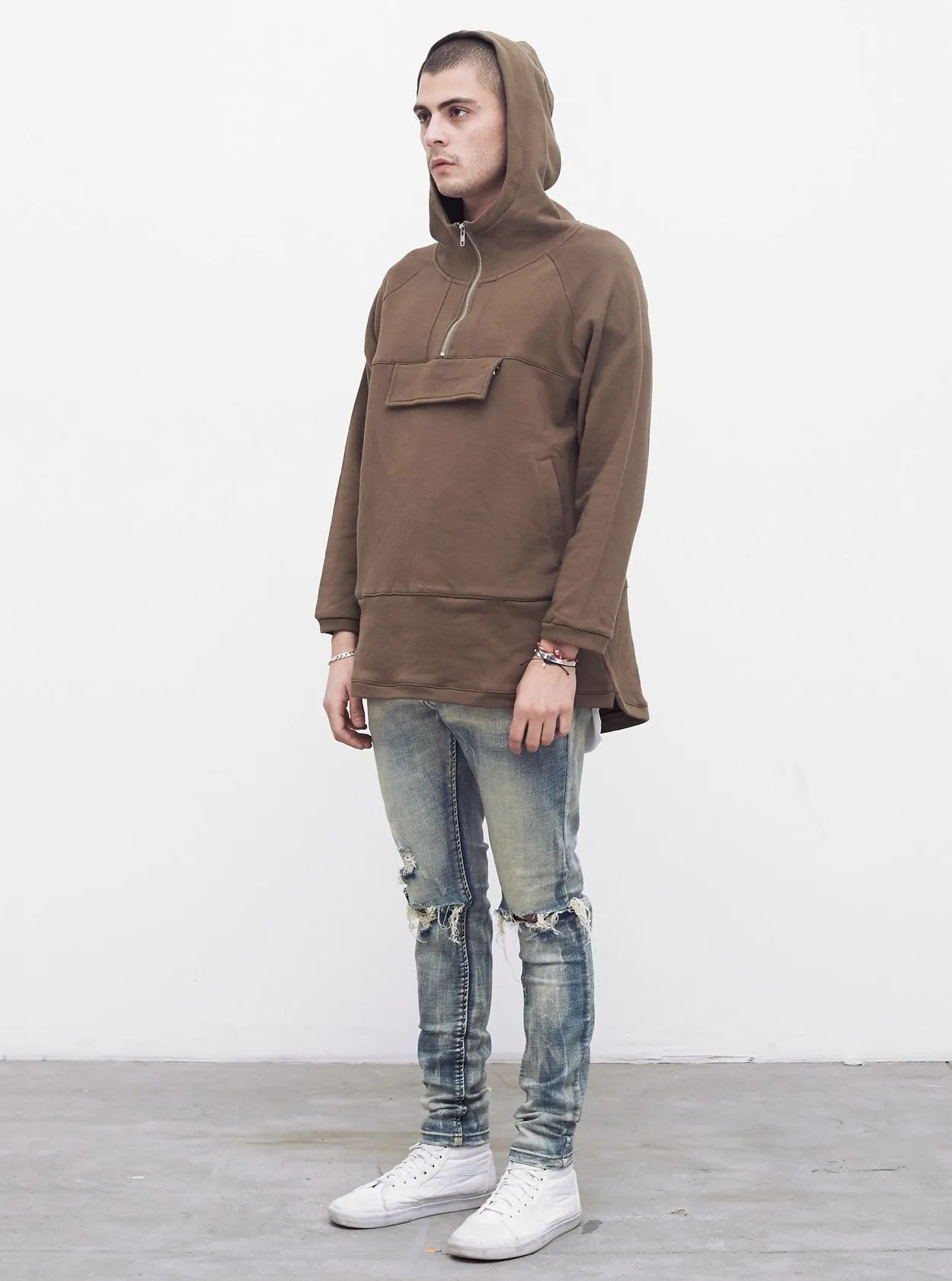 French Terry Anorak Pullover in Shadow Brown