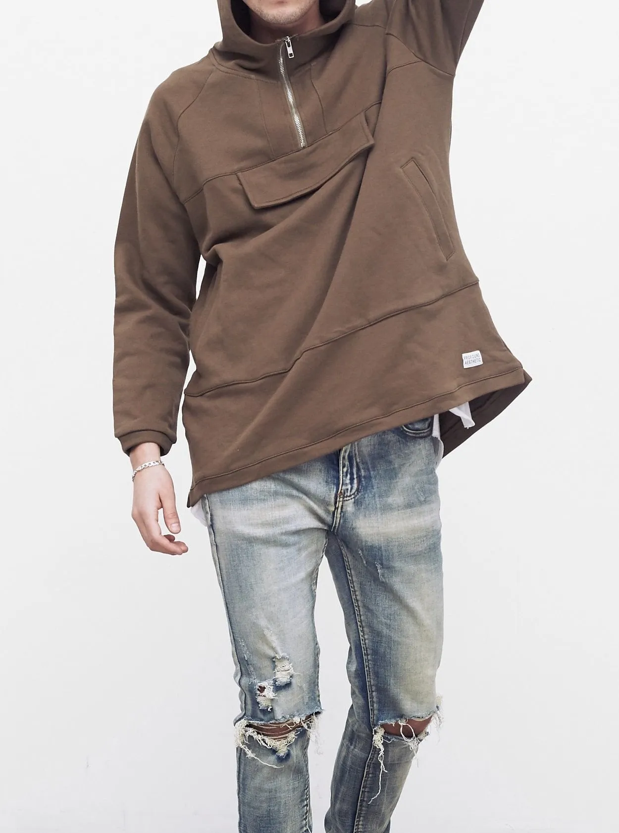 French Terry Anorak Pullover in Shadow Brown