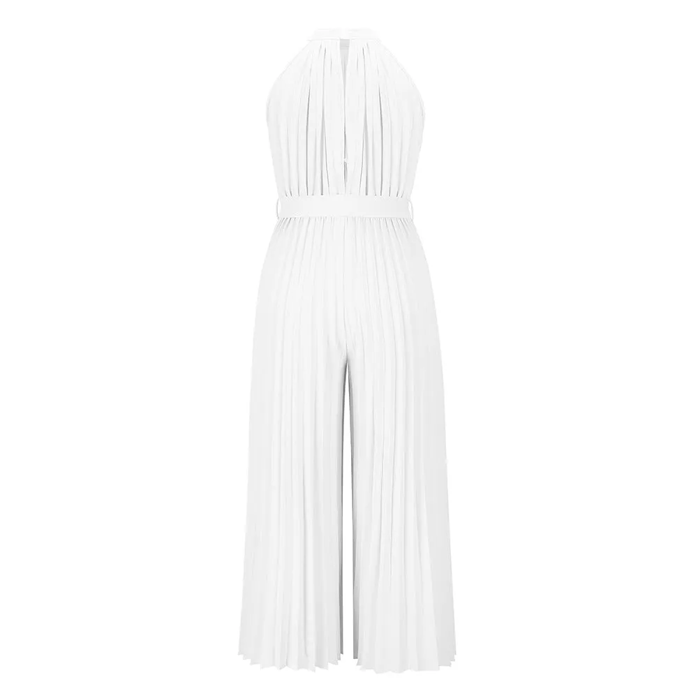 Halter Sleeveless Pleated Summer Belted Slim-fit Pleated Wide Jumpsuit