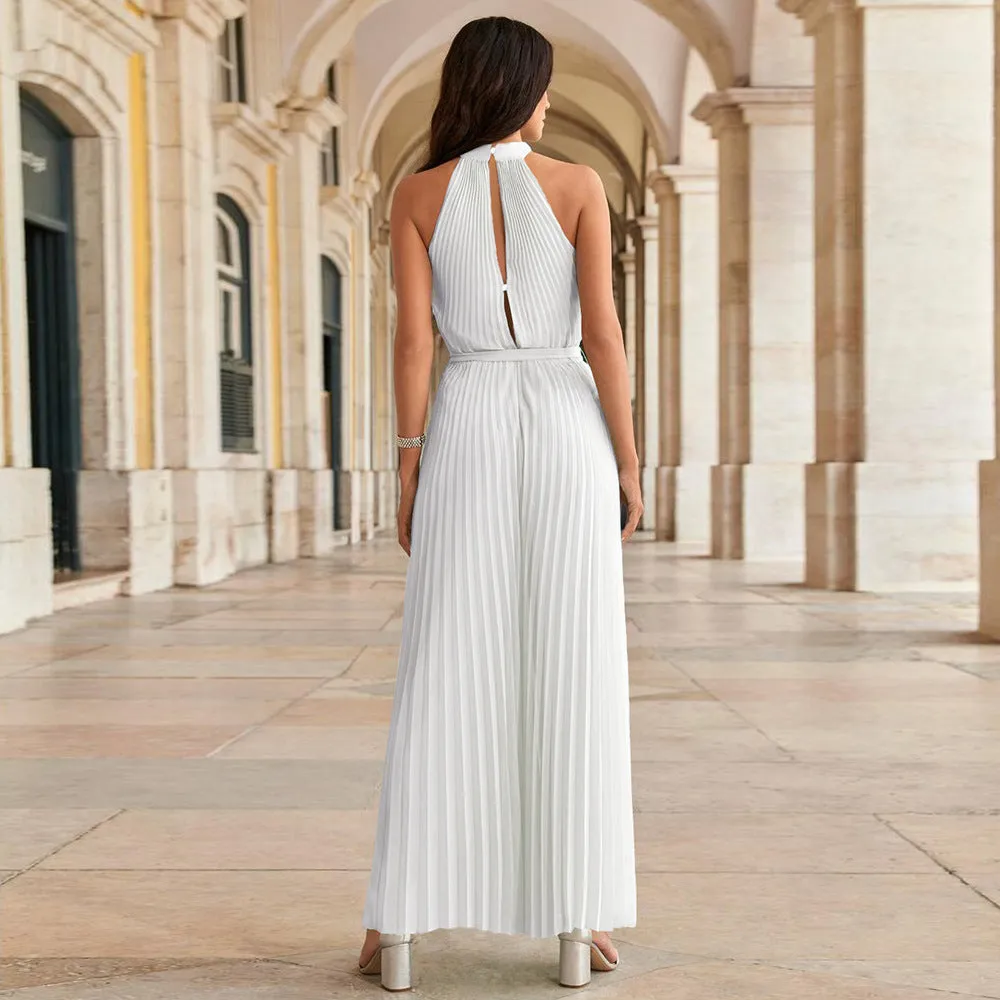 Halter Sleeveless Pleated Summer Belted Slim-fit Pleated Wide Jumpsuit
