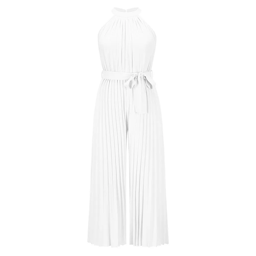 Halter Sleeveless Pleated Summer Belted Slim-fit Pleated Wide Jumpsuit