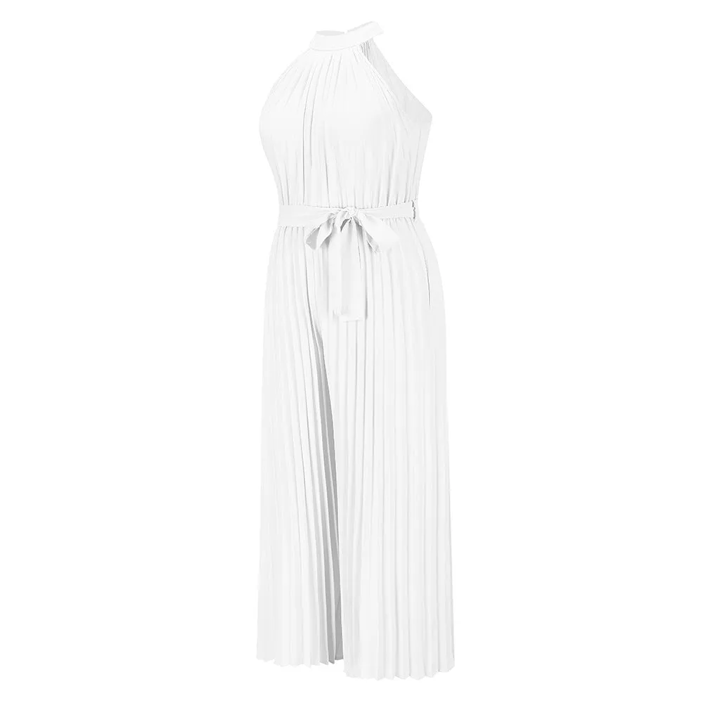 Halter Sleeveless Pleated Summer Belted Slim-fit Pleated Wide Jumpsuit