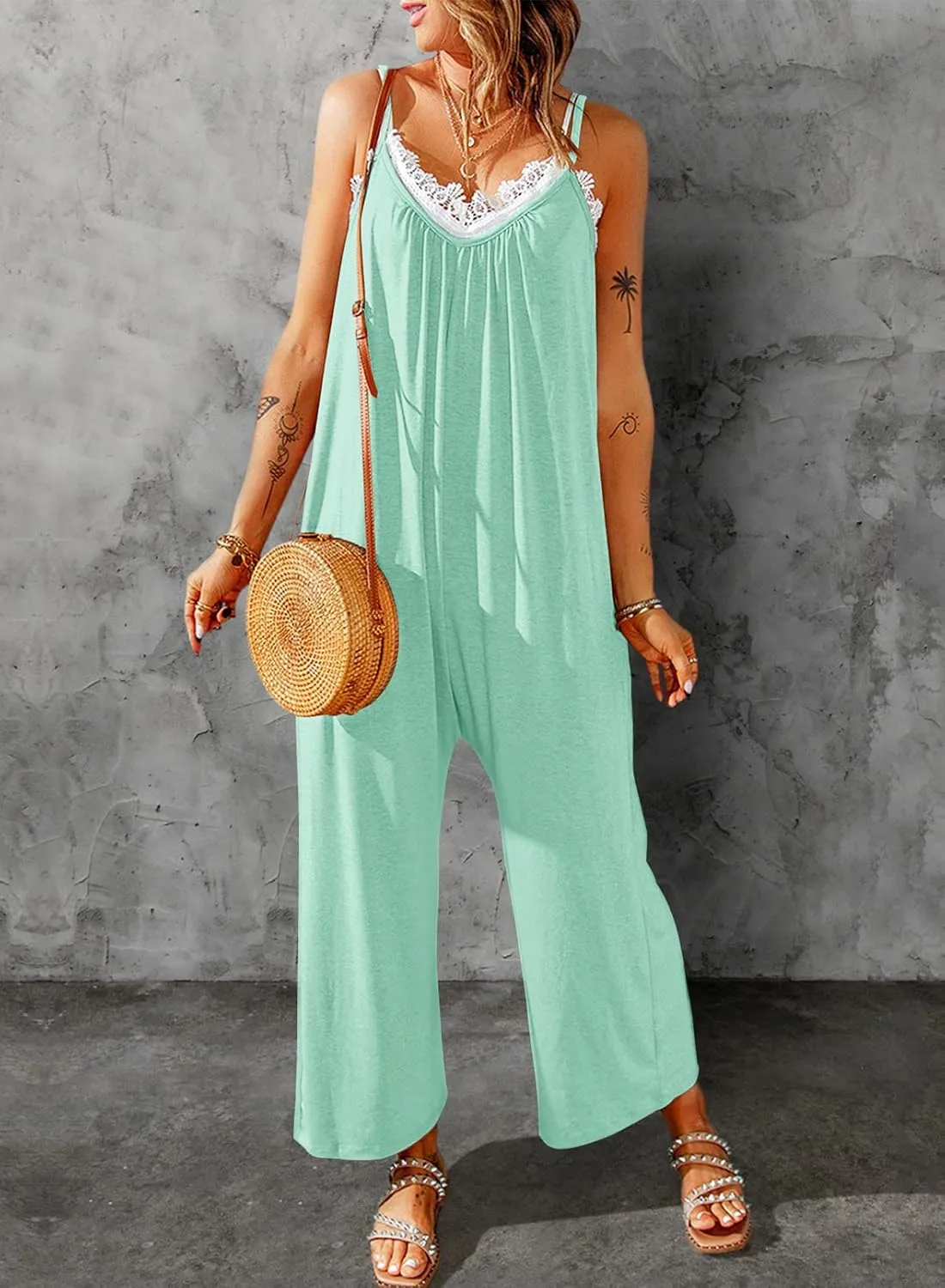 Happy Sailed Womens Casual Jumpsuits Loose Overalls Summer Sleeveless Stretchy Wide Leg Long Pants Romper with Pockets