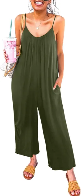 Happy Sailed Womens Casual Jumpsuits Loose Overalls Summer Sleeveless Stretchy Wide Leg Long Pants Romper with Pockets