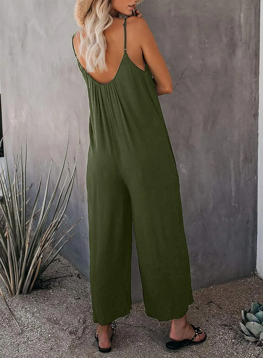 Happy Sailed Womens Casual Jumpsuits Loose Overalls Summer Sleeveless Stretchy Wide Leg Long Pants Romper with Pockets