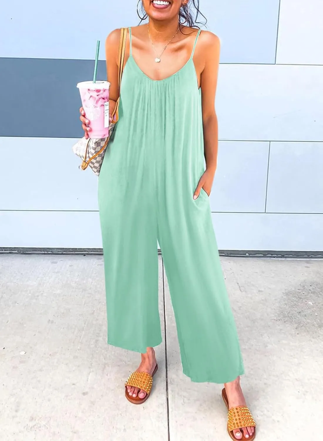 Happy Sailed Womens Casual Jumpsuits Loose Overalls Summer Sleeveless Stretchy Wide Leg Long Pants Romper with Pockets