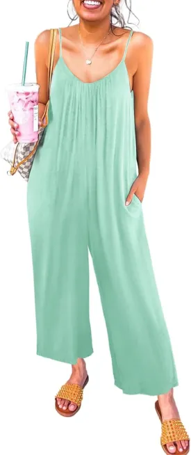 Happy Sailed Womens Casual Jumpsuits Loose Overalls Summer Sleeveless Stretchy Wide Leg Long Pants Romper with Pockets
