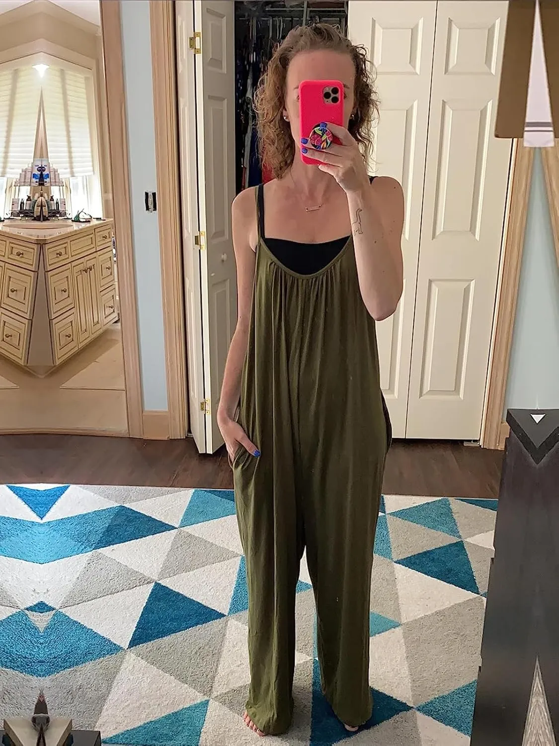 Happy Sailed Womens Casual Jumpsuits Loose Overalls Summer Sleeveless Stretchy Wide Leg Long Pants Romper with Pockets