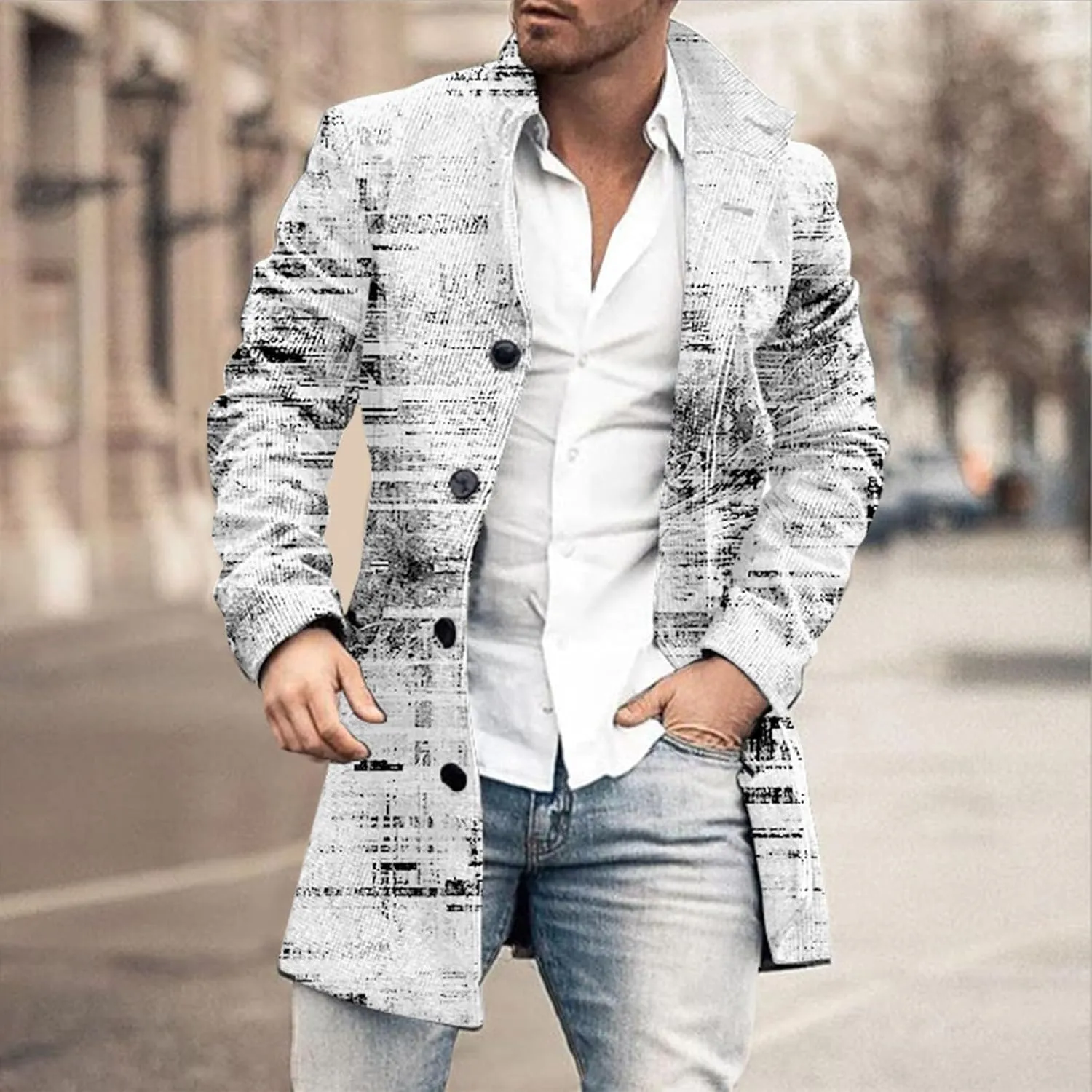 Houndstooth Overcoat for Men Single Breasted Color Block Patchwork Long Coats Hiking Outwear Sport Windbreaker Coats