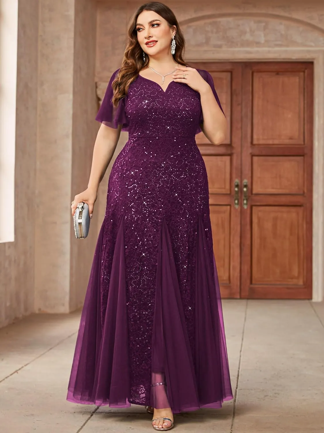 Miusol Women's Plus Size Sequins Lace Tulle Mermaid Hemline Sweetheart V Neck Formal Evening Party Maxi Dress