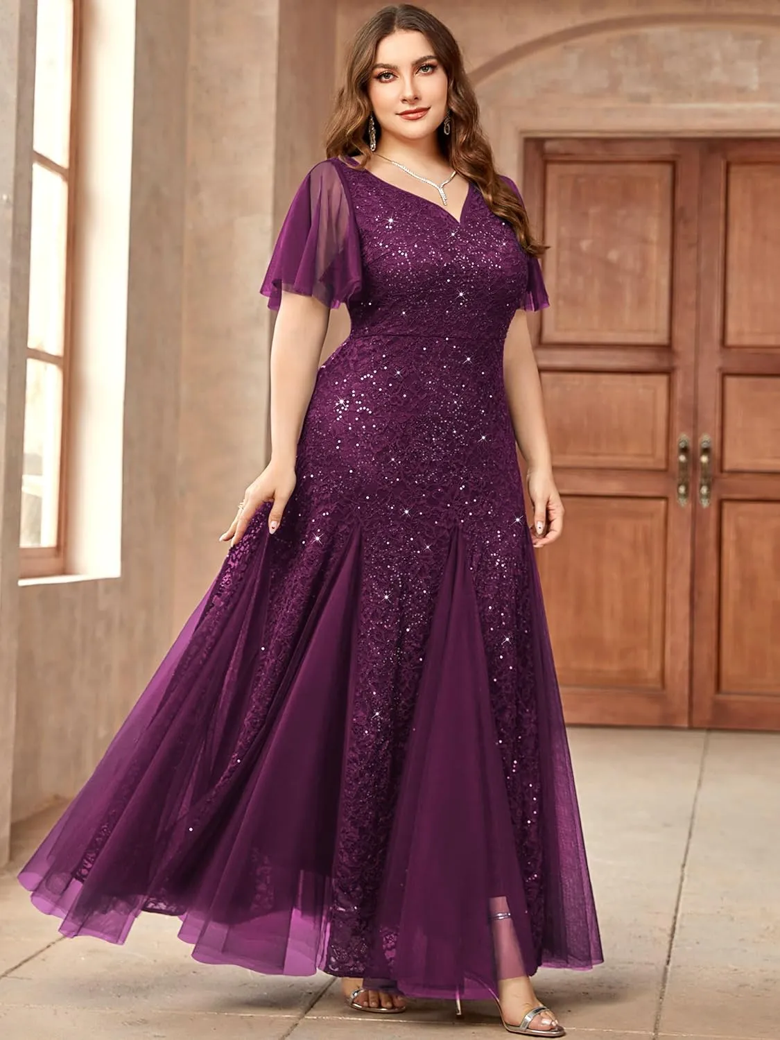 Miusol Women's Plus Size Sequins Lace Tulle Mermaid Hemline Sweetheart V Neck Formal Evening Party Maxi Dress