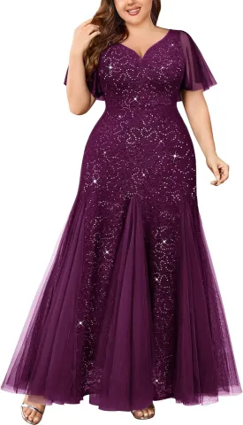 Miusol Women's Plus Size Sequins Lace Tulle Mermaid Hemline Sweetheart V Neck Formal Evening Party Maxi Dress