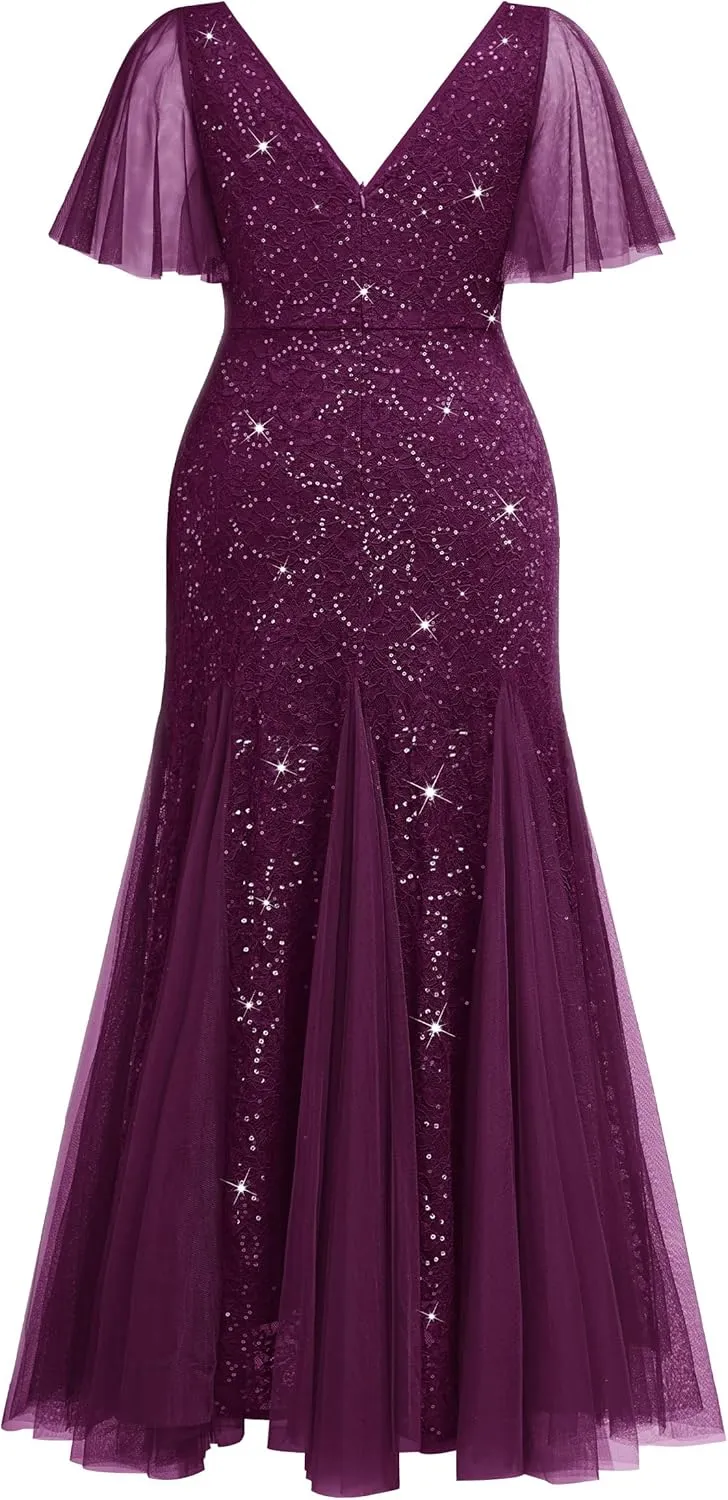 Miusol Women's Plus Size Sequins Lace Tulle Mermaid Hemline Sweetheart V Neck Formal Evening Party Maxi Dress