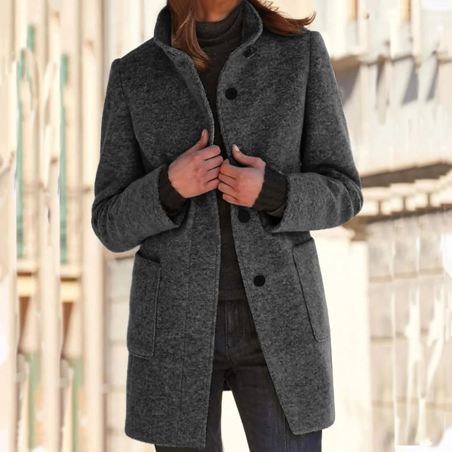 Mmoneyake Pea Coats for Women Single Breasted Stand Collar Casual Trench Coat Warm Winter Coats Wool Blazer Jacket Overcoat