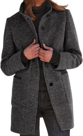 Mmoneyake Pea Coats for Women Single Breasted Stand Collar Casual Trench Coat Warm Winter Coats Wool Blazer Jacket Overcoat