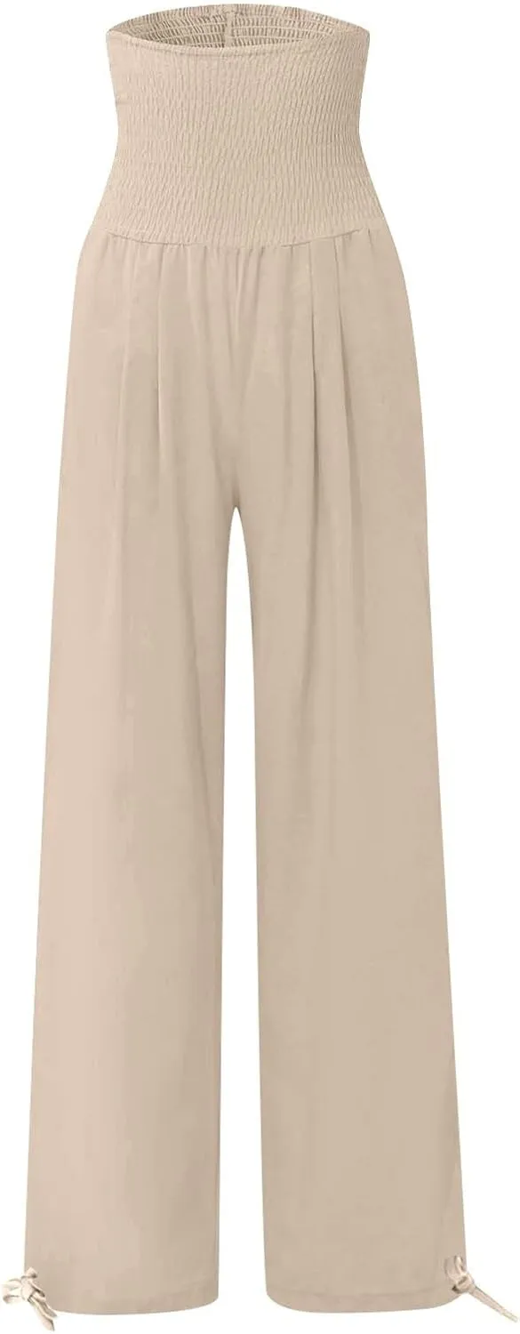 NaRHbrg Linen Pants Women Summer Wide Leg Flowy Beach Palazzo Pants High Waisted Drawstring Casual Trousers with Pockets